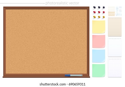 Empty cork bulletin board and set of sticky notes, pins, adhesive tapes. Vector realistic noticeboard. Black, red, golden tacks; colored stickers; blank, lined and squared paper of a business diary.