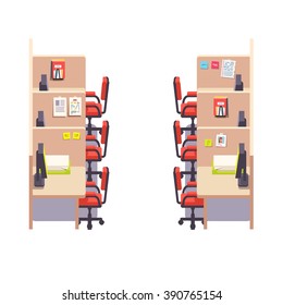 Empty corporate cubicle office work space interior with computers. Flat style color modern vector illustration.