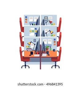 Empty corporate cubicle office work space interior with computers. Modern colorful flat style vector illustration isolated on white background.