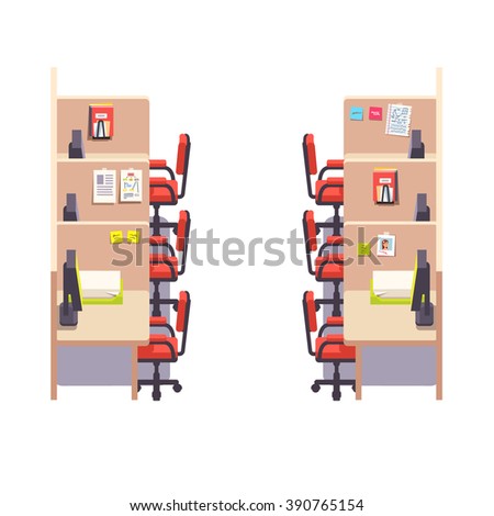 Empty corporate cubicle office work space interior with computers. Flat style color modern vector illustration.