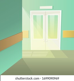 An empty corridor with a closed door to the medical office. Hospital ward, cartoon, vector illustration.