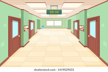 Empty corridor with closed doors and windows. Interior large hallway school, college or university. Education concept.