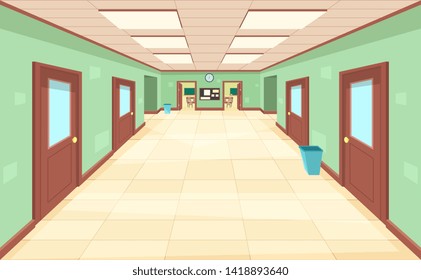 Empty corridor with closed and open doors. The interior of the school, college or university. Education concept.