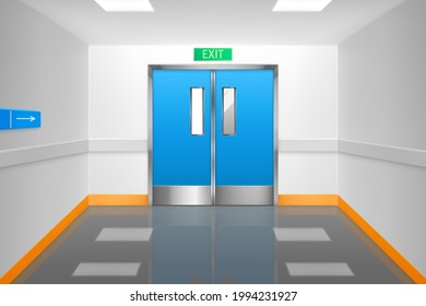 Empty Corridor With Double Doors And Exit Sign In Hospital Or Laboratory. Vector Realistic Interior Of Hall In Medical Clinic, Waiting Area Or Lobby With Entrance Doors