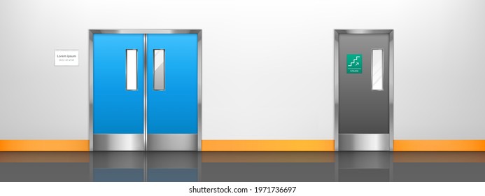 Empty corridor with double doors to hospital room, laboratory or restaurant kitchen. Vector cartoon interior of hall in medical clinic, waiting area or lobby with doors to lab and to stairs