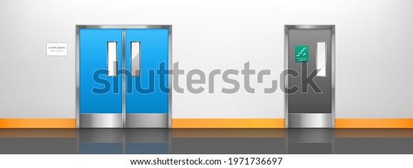 Empty corridor with double doors to hospital room,
laboratory or restaurant kitchen. Vector cartoon interior of hall
in medical clinic, waiting area or lobby with doors to lab and to
stairs