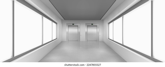 Empty corridor perspective with large windows and elevator doors. Realistic vector illustration of hospital, hotel, university, shopping mall, office building hall interior design. Modern architecture