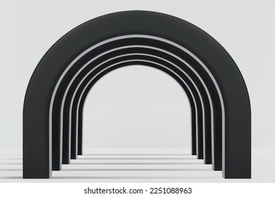 Empty corridor of several black round arches in perspective with white floor and shadows. Minimal background. Abstract architecture. Vector illustration of archway. Inside interior