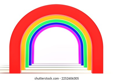 Empty corridor of several rainbow round arches in perspective with white floor and shadows. Minimal background. Abstract architecture. Vector illustration of archway. Inside interior