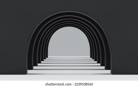 Empty corridor of several round arches in perspective with black walls, white floor and shadows. Minimal background. Abstract architecture. Vector illustration of archway. Inside interior