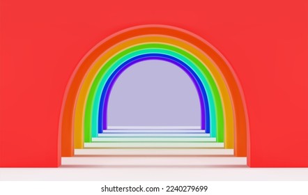 Empty corridor of several round arches in perspective with rainbow walls, white floor and shadows. Minimal background. Abstract architecture. Vector illustration of archway. Inside interior