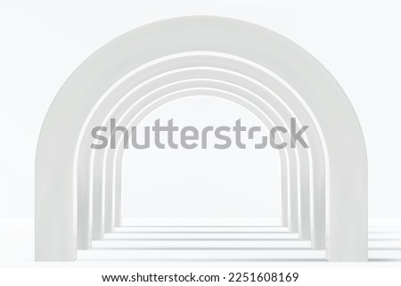 Empty corridor of several white round arches in perspective with white floor and shadows. Minimal background. Abstract architecture. Vector illustration of archway. Inside interior 商業照片 © 