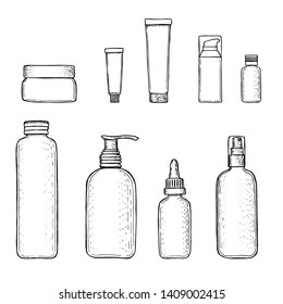 Empty cosmetics containers: bottles with spray, dispenser and dropper, cream jar, vial, flagon, tube. Set vector blank templates. Sketch style ink pen packages for decorative cosmetics. 