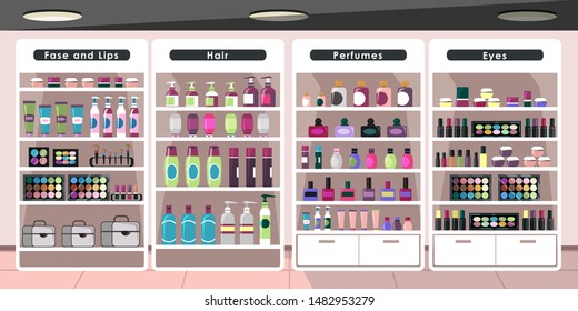 Empty Cosmetics Store Flat Vector Illustration. Beauty Shop Interior With No People. Female Fashion Salon, Makeup Accessories Sale. Products Showcase, Face And Lips, Hair, Perfumes And Eyes Section