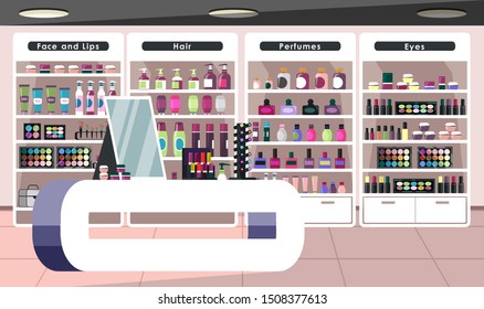 Empty Cosmetics Store Flat Vector Illustration. Beauty Shop Interior With No People. Female Fashion Salon, Makeup Accessories Sale. Products Showcase, Face And Lips, Hair, Perfumes And Eyes Section