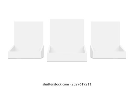 Empty Counter Display Boxes Mockups, Front View, Isolated On White Background. Vector Illustration