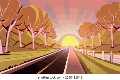 Empty country road and the sun is setting in the sky. trees on both sides. Background. Illustration Vector Cartoon Drawing
