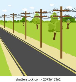 Empty countryside road with electricity pole along the way. Utility pole Electricity concept. High voltage wires. Landscape vector illustration