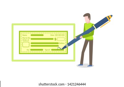 Empty coupon or blank form filling by person, name and day, pay and order, dollars and signed. Portrait view of man holding pen, green card in frame vector