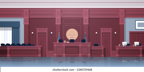 empty courtroom with judge and secretary workplace jury box seats modern courthouse interior justice and jurisprudence concept horizontal