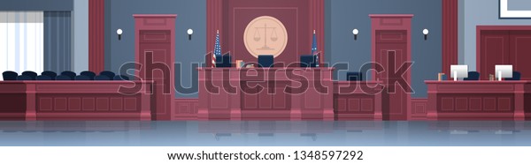 Empty courtroom with judge and secretary\
workplace, jury box seats modern courthouse interior justice and\
jurisprudence concept horizontal\
banner