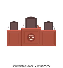 Empty courtroom podium isolated on white background. Courthouse judge interior podium justice concept. Vector stock