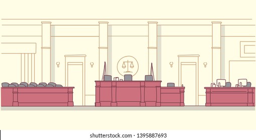 Empty Courtroom With Wooden Furniture Judge And Secretary Workplace Jury Box Seats Modern Courthouse Interior Justice And Jurisprudence Concept Horizontal Banner Sketch Doodle