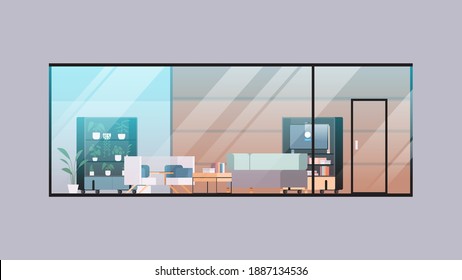 Empty Coworking Center Modern Office Room Interior Open Space With Furniture Behind Glass Window Horizontal Vector Illustration