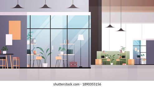 empty coworking center modern office room interior creative open space with furniture horizontal vector illustration