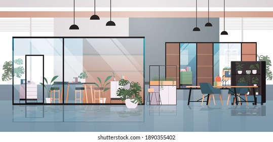 empty coworking center modern office room interior creative open space with furniture horizontal vector illustration