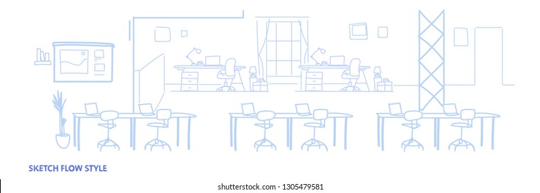 empty co-working office interior modern coworking open space center creative workplace environment horizontal banner sketch flow style