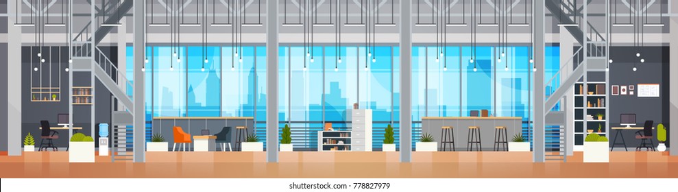 Empty Coworking Office Interior Modern Coworking Center Creative Workplace Environment Horizontal Banner Flat Vector Illustration
