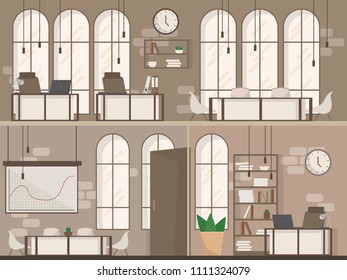 Empty Coworking Space Interior Modern Coworking Office Creative Workplace Space two floors Flat Vector Illustration