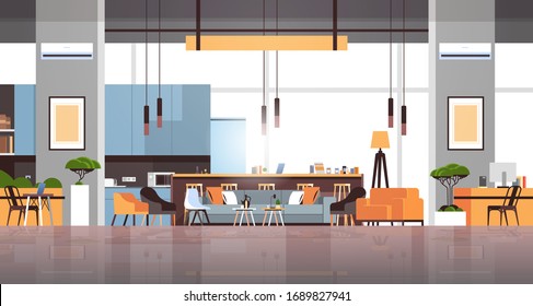 empty coworking space modern office room interior creative workspace horizontal banner flat vector illustration