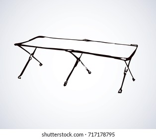 Empty cozy army furnishing for hunter lie on white backdrop. Freehand line black ink hand drawn logo sketchy in art retro scribble cartoon graphic style pen on paper. Closeup view with space for text