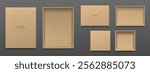Empty craft paper box mockups set isolated on transparent background. Vector realistic illustration of brown carton package for shoes, holiday gift, open parcel top view, blank space for branding