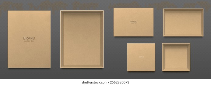 Empty craft paper box mockups set isolated on transparent background. Vector realistic illustration of brown carton package for shoes, holiday gift, open parcel top view, blank space for branding