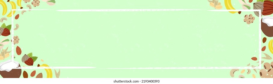 Empty cream banner with white brush border surrounded by cute cartoon vegan food elements, cashew, coconut, almond, hazelnut, banana, oats. Copy Space. Editable Vector Illustration. EPS 10.
