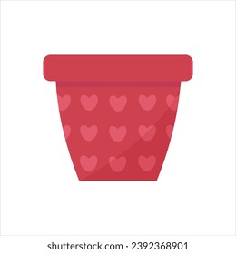 Empty crimson flower pot decorated with hearts. EPS 10 vector illustration isolated on white background.