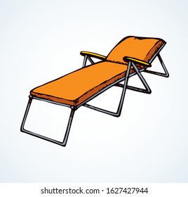 Empty cruise hotel metal Chezlong sit on white ocean background space for text. Bright orange color hand drawn tropic trip seaside fold seat object logo sign pictogram emblem in art retro doodle style