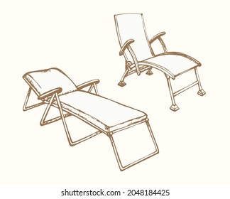 Empty cruise hotel wood plank Chezlong stand on white ocean background space for text. Outline black ink hand drawn tropic trip seaside fold bench logo sign pictogram sketchy in art retro doodle style