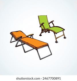 Empty cruise hotel wood plank Chezlong stand on white ocean background space for text. Bright color hand drawn tropic trip seaside fold bench logo sign pictogram emblem in art retro doodle style