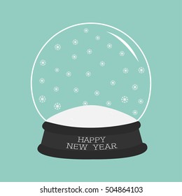 Empty crystal ball with snow. Template. Happy New Year text Greeting card Flat design Blue background. Vector illustration
