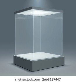 Plataforma de pedestal de cristal vacía para el escaparate o la presentación del producto.  Vitrina alta para exhibir objetos de arte, joyas. 