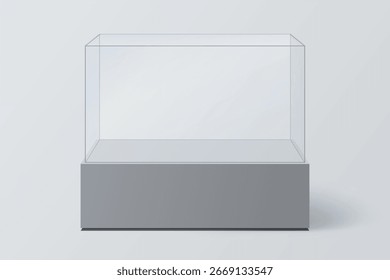 Plataforma de pedestal de cristal vazio para apresentação ou vitrine do produto.  Vitrina alta para exposição de objetos de arte, joias. 