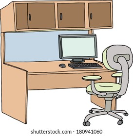 Empty cubicle with chair, computer and mouse on white