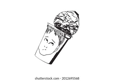 Una taza vacía de yogur con la cara dibujada sobre fondo blanco. Taza blanca de plástico con tapa de aluminio. Retrato hecho a mano de un adolescente. La crianza de los hijos, el concepto de adolescencia. Ilustración de vectores