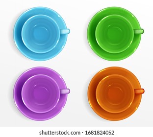 Empty cups for coffee and tea top view. Vector realistic set of color ceramic mugs with saucer, porcelain dishware, cups and plates isolated on white background