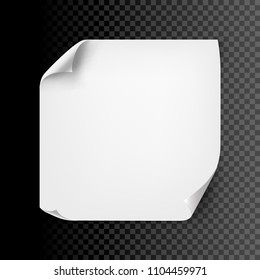 Empty curl paper sheet isolated. Vector note page blank message background with curl corner.