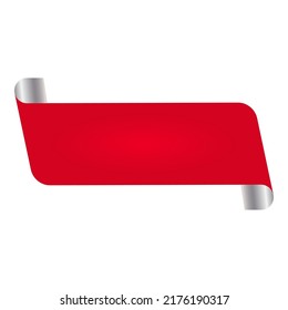 Empty Curl Paper Tag Or Banner In Red And Silver Color.